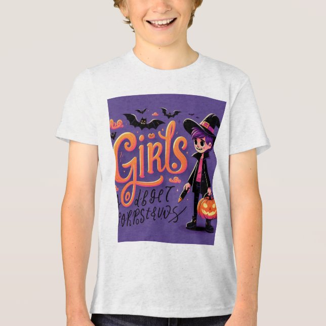 Halloween Girl in Purple Witch Costume T-Shirt Tri-Blend Shirt (Front)