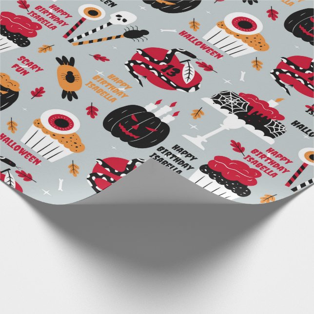 Halloween Girl's Birthday Cake Name Scary Fun Wrapping Paper (Corner)