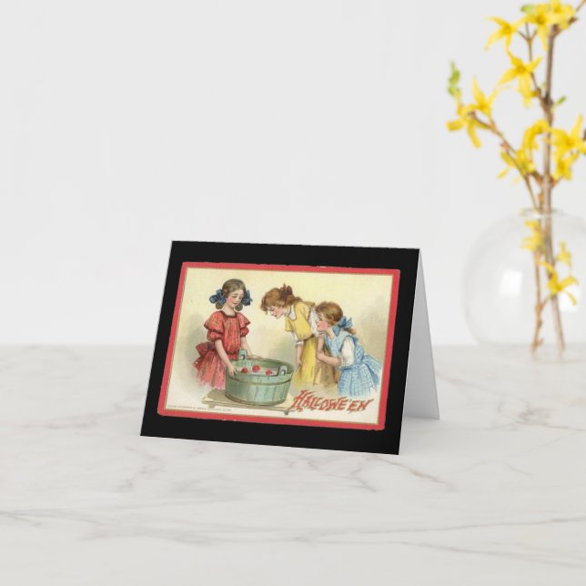 Halloween Girls Bobbing for Apples Vintage Card (Yellow Flower)