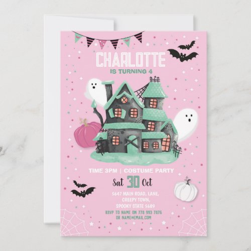 Halloween Girls Pink Fun House Party Ghosts Invitation