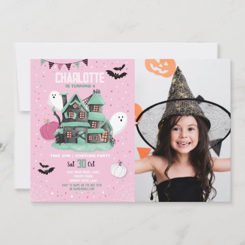 Halloween Girls Pink Fun House Party Ghosts Photo Invitation