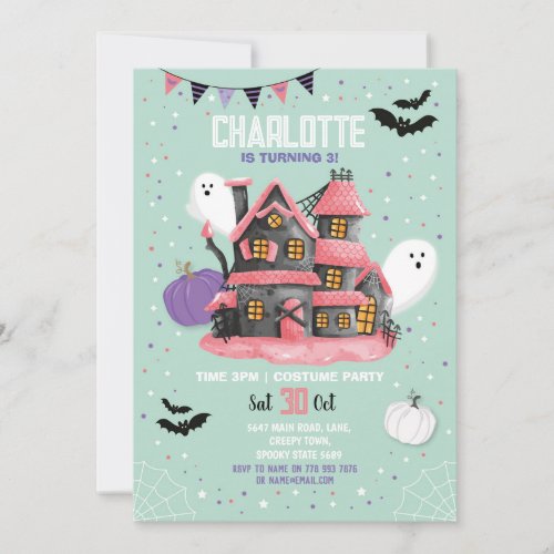 Halloween Girls Pink Mint Fun House Party Ghosts Invitation