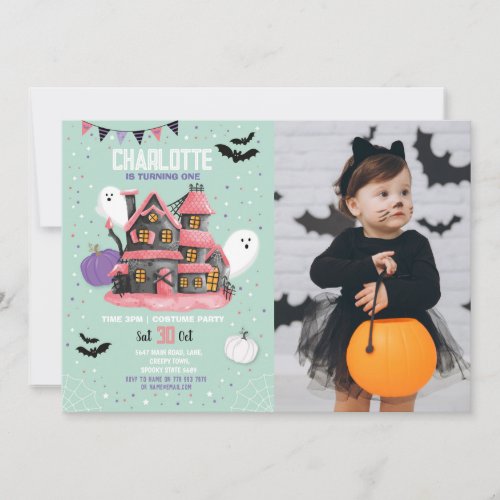 Halloween Girls Pink Photo Fun House Party Ghosts Invitation