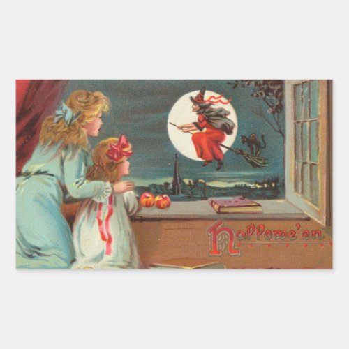 Halloween Girls Watch Witch Out Window Vintage Rectangular Sticker