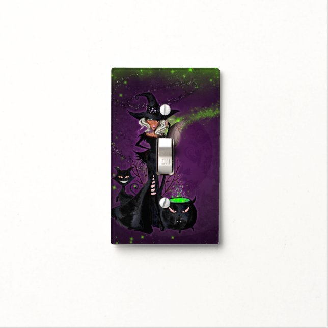 Halloween Glam Witch in Black Green Purple Sparkle Light Switch Cover (In Situ)
