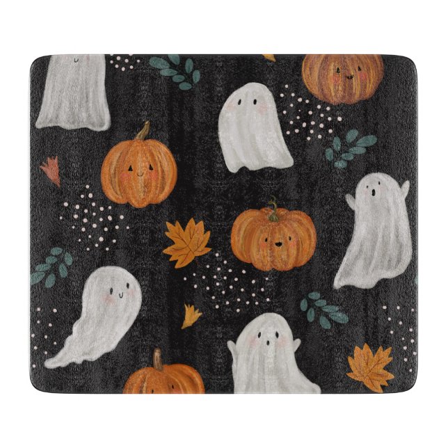 Halloween Glass Cutting Board – Ghosts, Pumpkins  (Front)