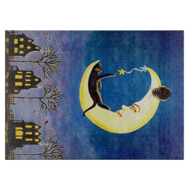 Halloween glass cutting board, moon,black ,cats board (Front)