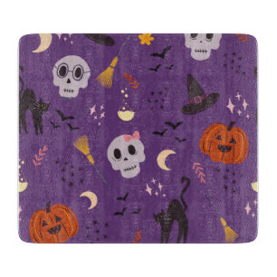 Halloween Glass Cutting Board – Skulls, Pumpkins