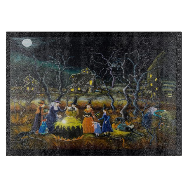 Halloween glass cutting board,witches at cauldron cutting board (Front)