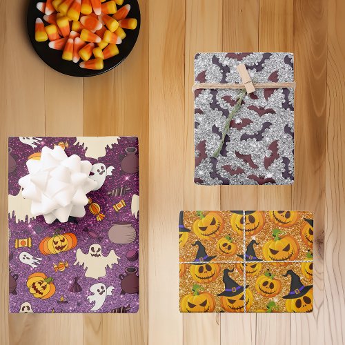 Halloween Glitter Look Ghosts Pumpkins Bat pattern Wrapping Paper Sheets