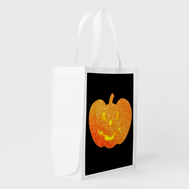 Halloween Glitter Pumpkin and Flying Bats Grocery Bag (Front Side)