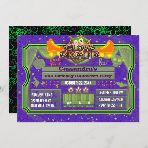 Halloween Glow Roller Skate Skating Birthday Party Invitation