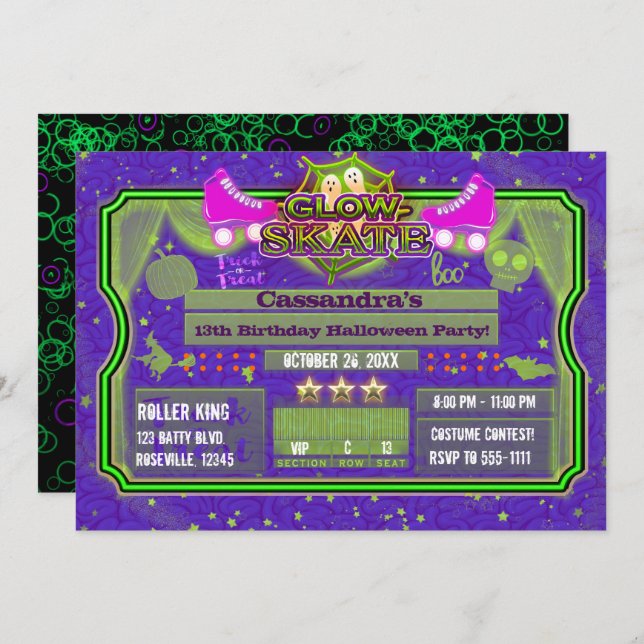Halloween Glow Roller Skate Skating Birthday Party Invitation (Front/Back)