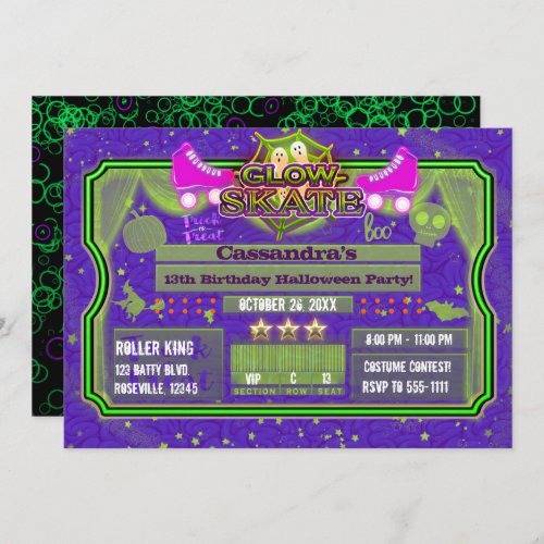 Halloween Glow Roller Skate Skating Birthday Party Invitation