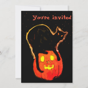 Halloween Glowing Orange Pumpkin with Black Cat on Invitation
