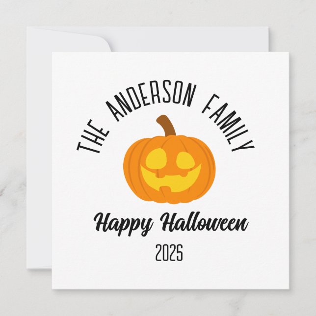 Halloween Glowing Pumpkin Face Personalized Name Holiday Card (Front)