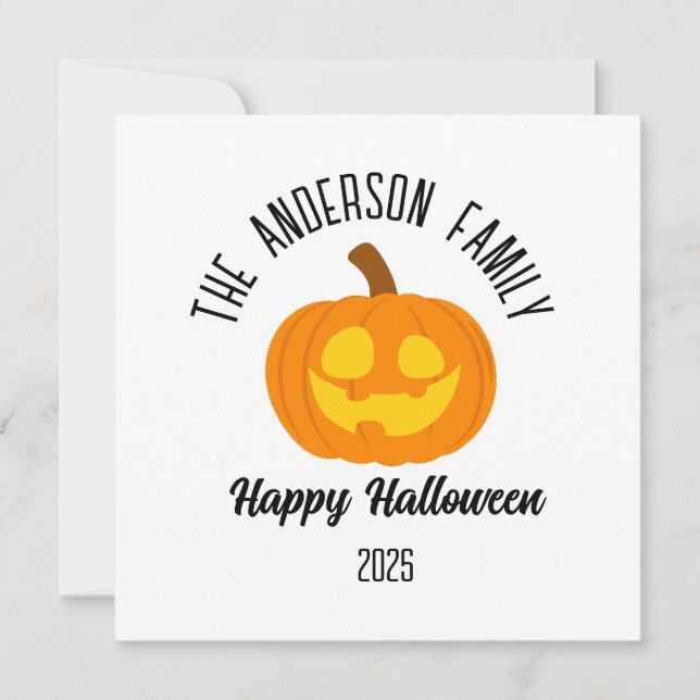 Halloween Glowing Pumpkin Face Personalized Name Holiday Card (Front)