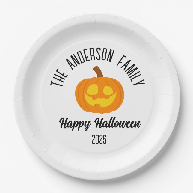 Halloween Glowing Pumpkin Face Personalized Name Paper Plates (Front)
