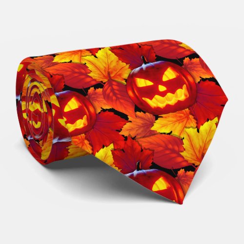 Halloween Glowing Pumpkin Fall Leaves Tie