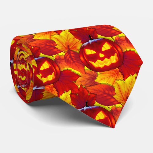 Halloween Glowing Pumpkin Fall Leaves Tie