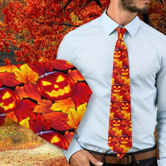 Halloween Glowing Pumpkin Fall Leaves Tie (Creator Uploaded)
