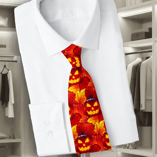 Halloween Glowing Pumpkin Fall Leaves Tie