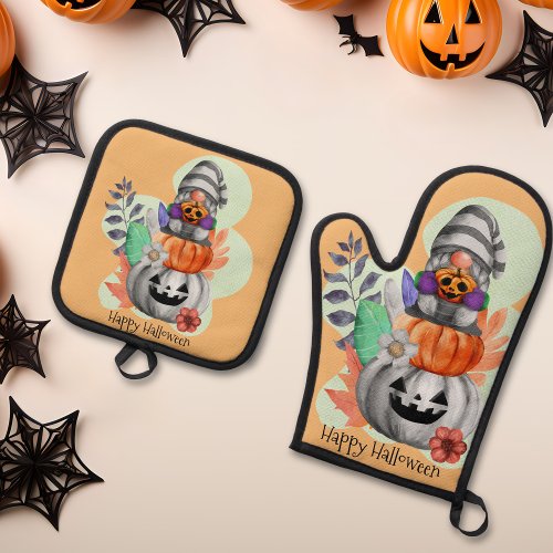 Halloween Gnome And Autumn Leaves Oven Mitt  Pot Holder Set