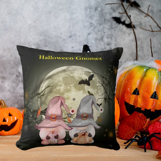 Halloween Gnome Couple Full Moon Throw Pillow (Halloween Gnome Couple Full Moon Throw Pillow)