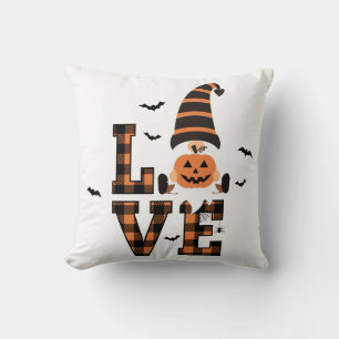 Halloween Gnome Tartan LOVE Black Orange Throw Pillow