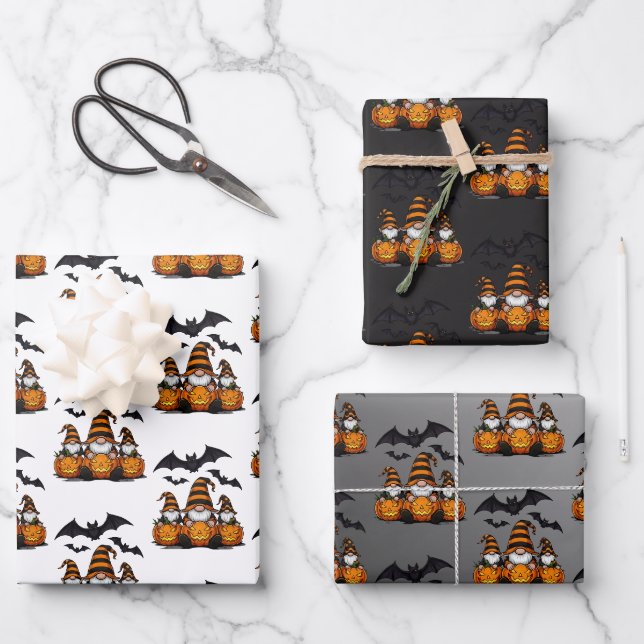 Halloween Gnome Wrapping Paper Flat Sheet Set of 3 (Front)