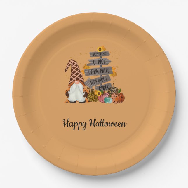 Halloween Gnomes, Fall, Pumpkins, Halloween Party Paper Plates (Front)