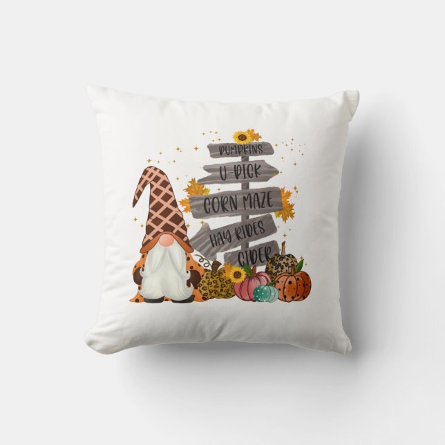 Halloween Gnomes, Fall, Pumpkins, Hayrides Throw Pillow (Front)