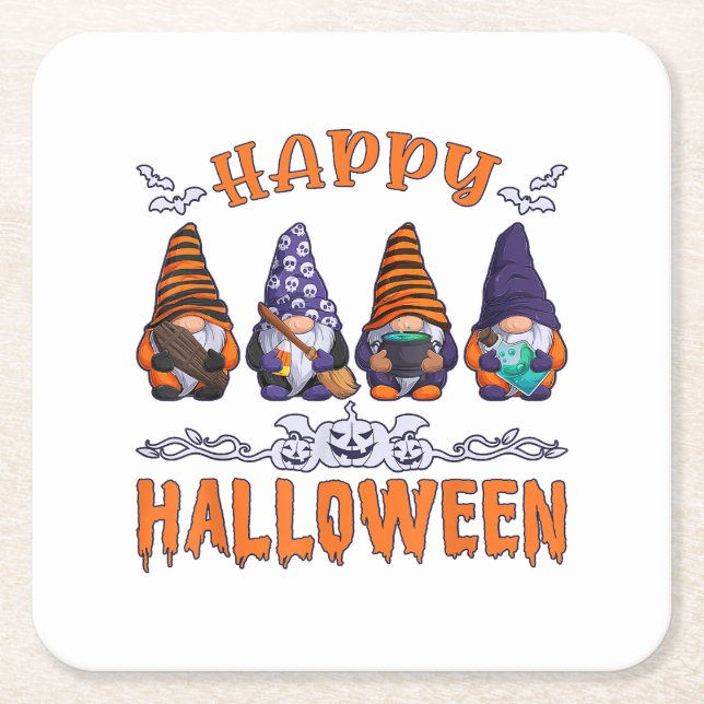 Halloween Gnomes Square Paper Coaster (Front)