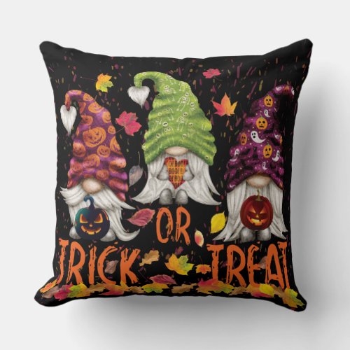 Halloween Gnomes Trick or Treat Falling Leaves  Throw Pillow