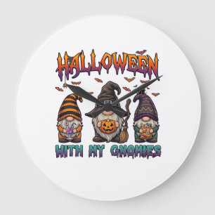 Halloween Gnomies Three Gnomes Witch Hat Pumpkin_1 Large Clock