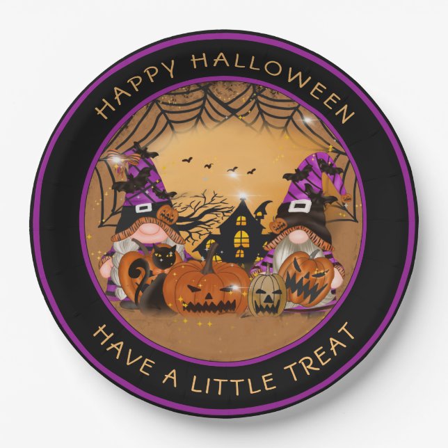 Halloween Gnones Pumpkins Spiderweb Haunted House Paper Plates (Front)