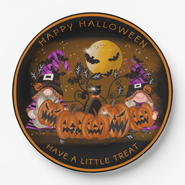 Halloween Gnones Scary Pumpkins Black Cat Bats Paper Plates (Front)