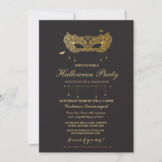 Halloween Gold Black Mask Masquerade Party Invite (Front)