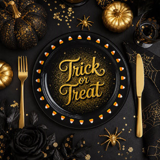 Halloween Gold Black Trick‑or‑Treat Paper Plates