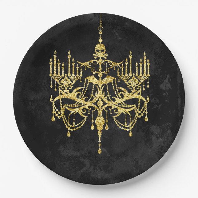 Halloween Gold Faux-Glitter Chandelier Paper Plates (Front)