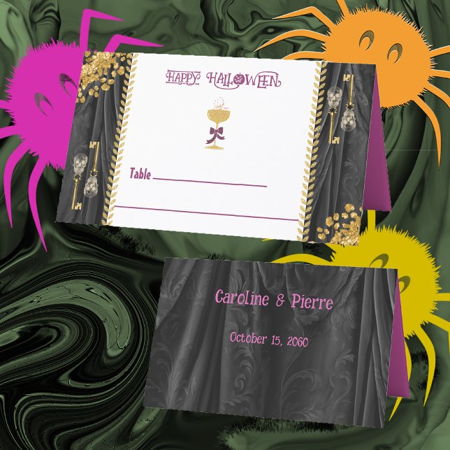 Halloween Gold Glitter Skulls & Champagne  Place Card (Creator Uploaded)
