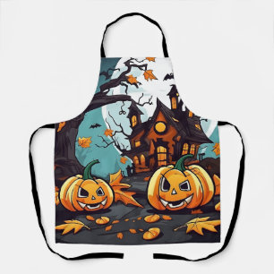 Halloween Golden Autumn Aprons, Leaves Pumpkins Apron