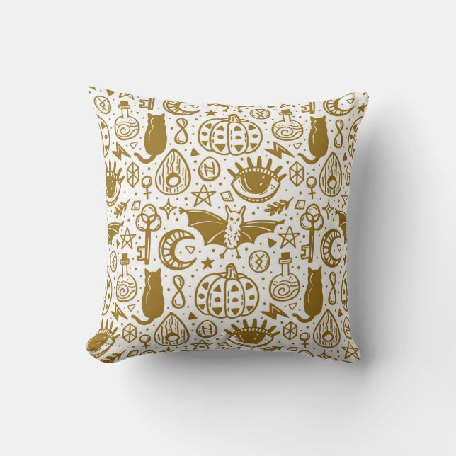 Halloween golden ink, seamless silhouette pattern. throw pillow (Front)