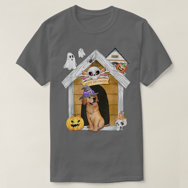 Halloween Golden Retriever Dog Witch Haunted House T-Shirt (Design Front)