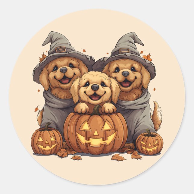 Halloween Golden Retriever Dogs Jack O Lantern Classic Round Sticker (Front)