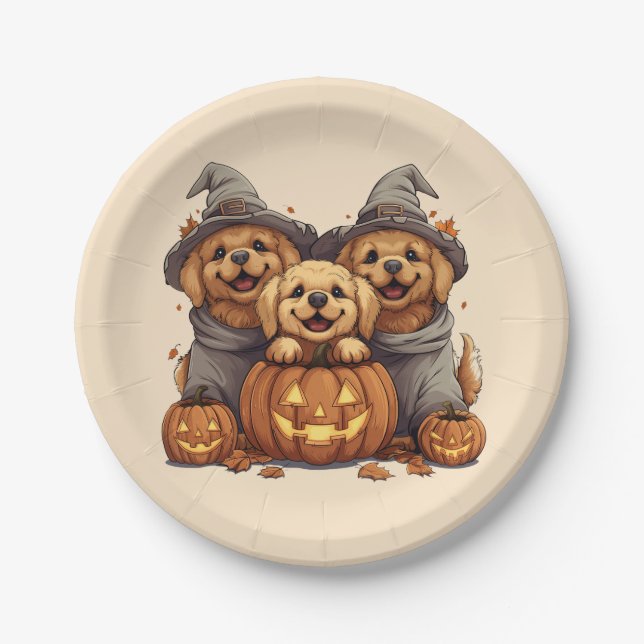 Halloween Golden Retriever Dogs Jack O Lantern Paper Plates (Front)