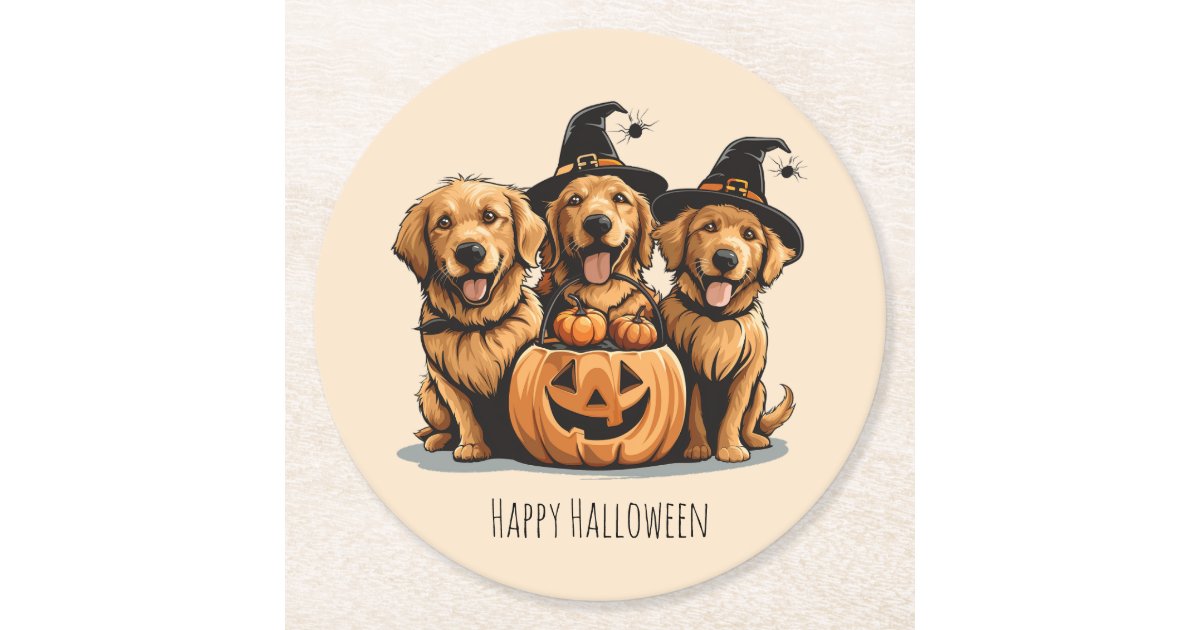 Halloween Golden Retriever Dogs Jack O Lantern Round Paper Coaster | Zazzle