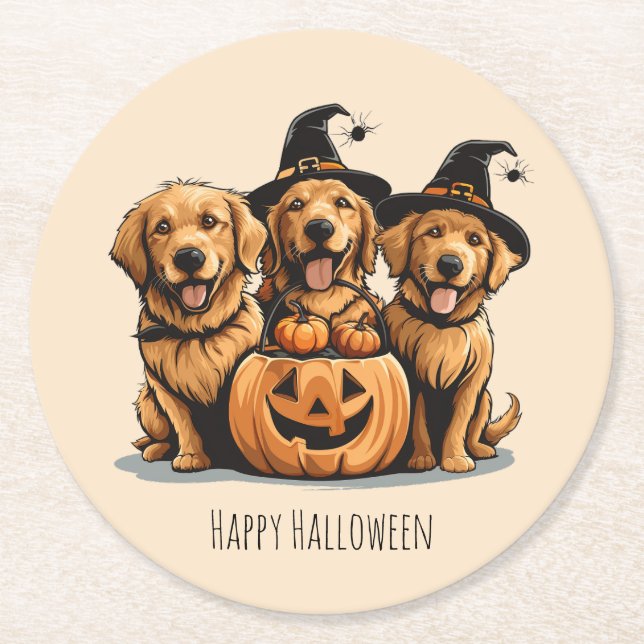 Halloween Golden Retriever Dogs Jack O Lantern Round Paper Coaster (Front)