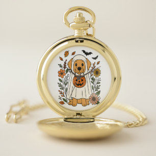 Halloween Golden Retriever Flowers Pocket Watch