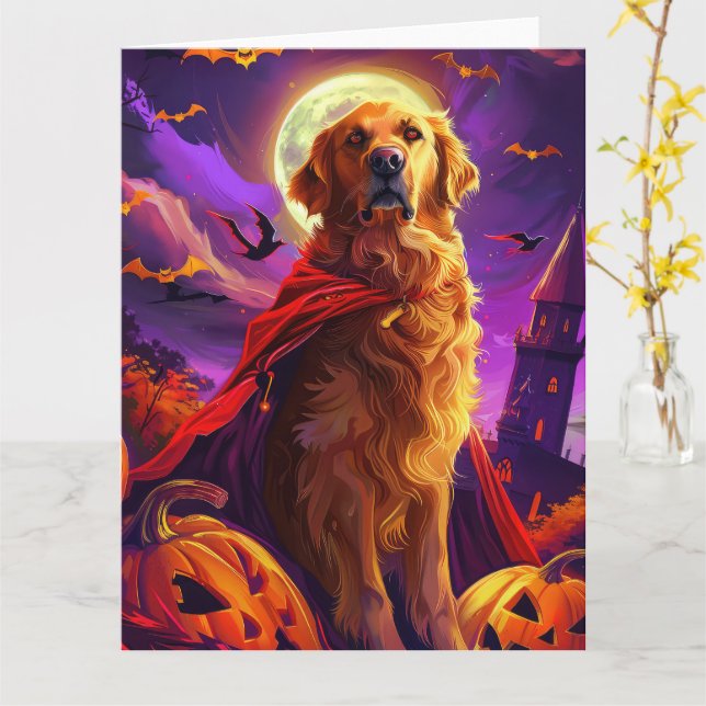 Halloween Golden Retriever Vampire Pumpkins Scary Card (Yellow Flower)